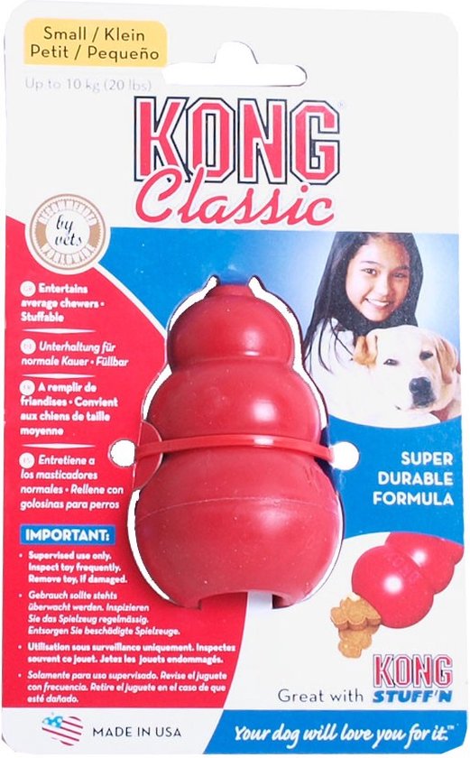 Verpakking van een rood KONG Classic hondenspeeltje, maat S, super duurzame formule.