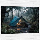Muursticker - Tent - Kamperen - Bos - Planten - Kampvuur - Nat - 100x75 cm Foto op Muursticker