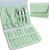 Manicure Set, Professionele Pedicure Kit, Nagelverzorging Gereedschap - 16-in-1 RVS Nagelknipper Gereedschap - Verzorgingsset met Luxe Lederen Reistas (Groen)