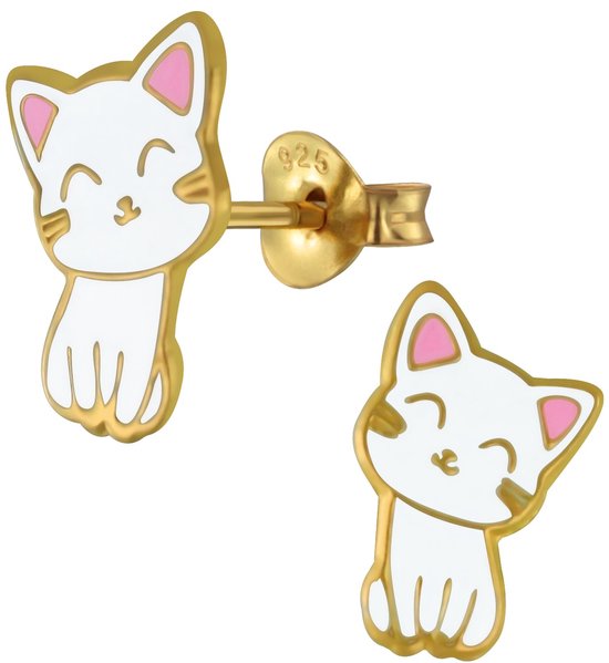 Joy|S - Zilveren kat poes oorbellen - 8 x 12 mm - wit - 14k goudplating