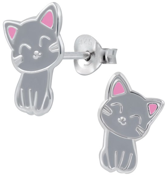 Joy|S - Zilveren kat poes oorbellen - 8 x 12 mm - grijs