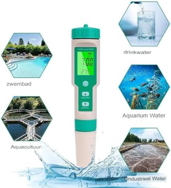 5-in-1 Waterkwaliteitstester – Digitale PH-meter, Zout- En Temperatuurmeter, Voor Drinkwater, Zwembad, Aquarium En Hydrocultuur