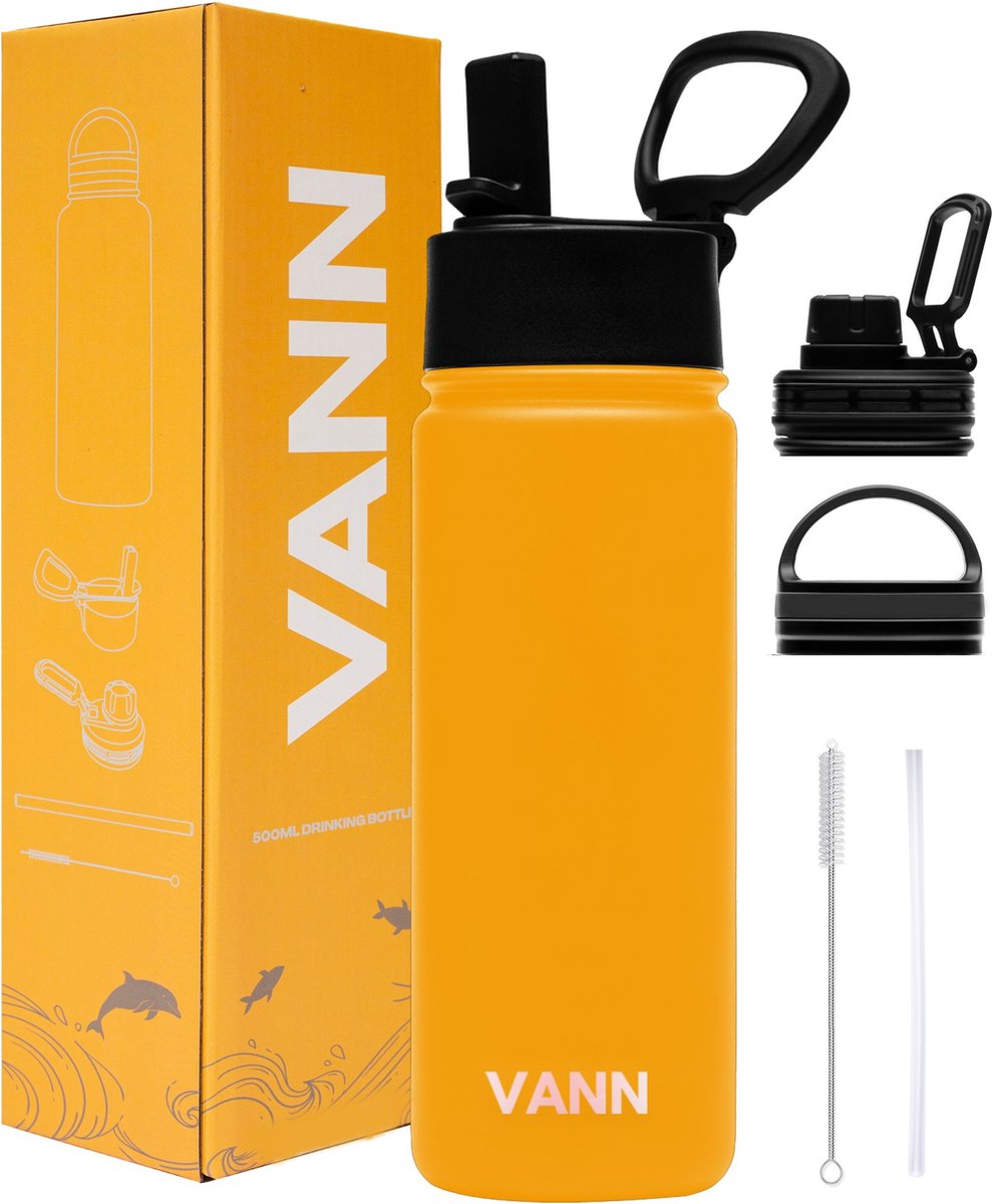 VANN® 3-Wandige Waterfles 500 ML met rietje voor volwassenen – RVS bidon – met 3 doppen – 24uur koud/12 uur warm - Oranje