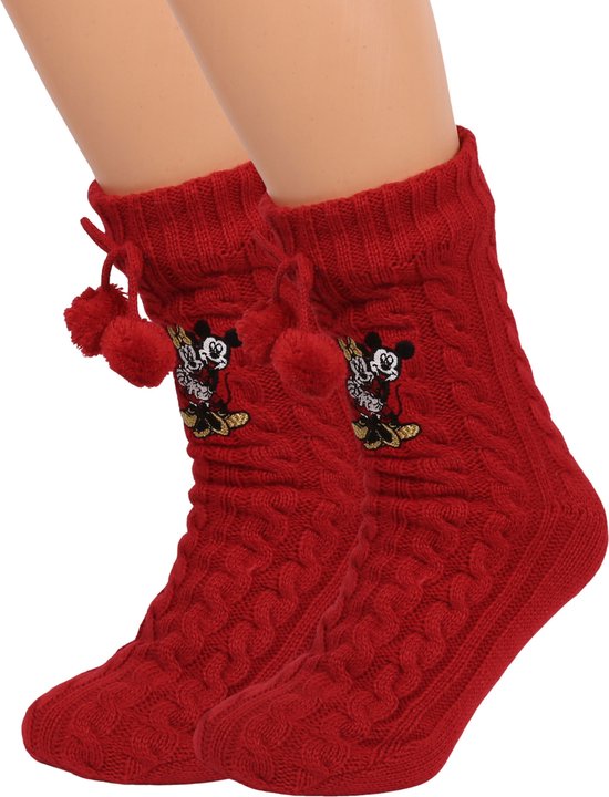 Mickey en Minnie Disney Rode Warme Sokken met Pompons, Antislip, OEKO-TEX