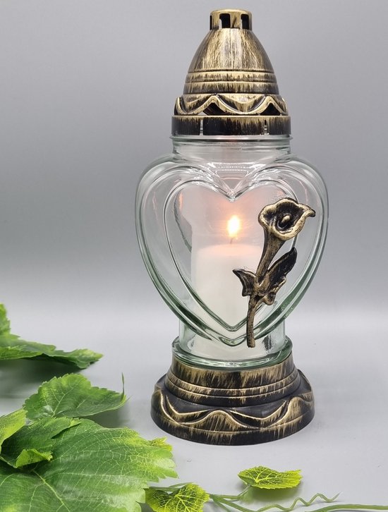 Lampe commémorative - P39 - Or - Verre transparent - Calla - Bougie tombale - Lampe funéraire - Lanterne funéraire - Décoration funéraire - Lumière du vent