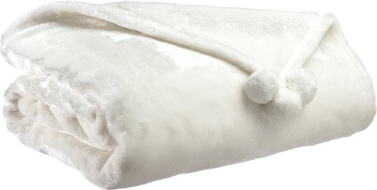 Vivaraise - Tedere Plaid wit met pompons 130 x 170 | Plaids wit | Cadeau voor vrouw | Terras Deken | Buitenkleed | Fleece deken