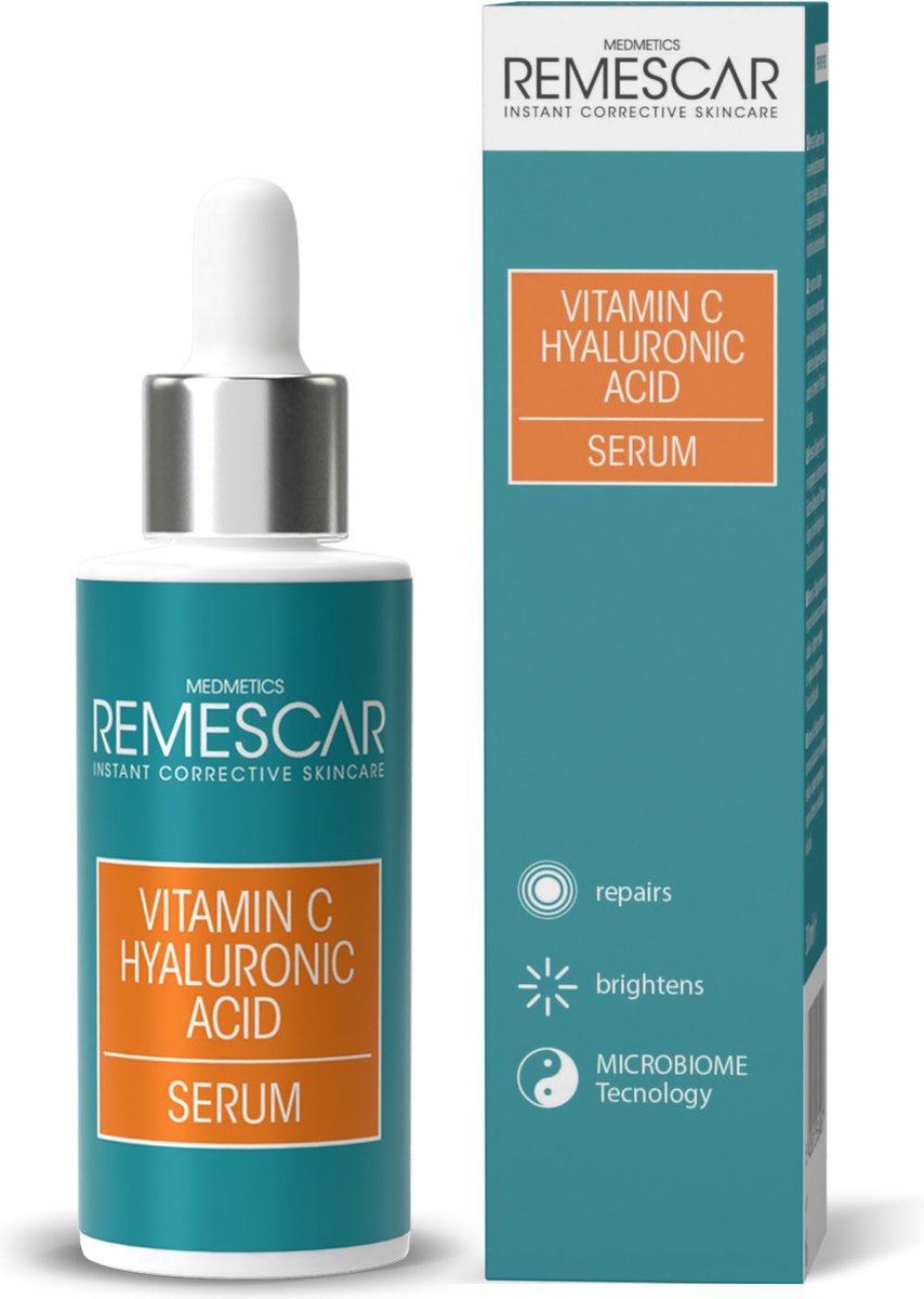Remescar Vitamine C Serum met Hyaluronzuur - Herstellende en hydraterende serum, Gezichtrsverzorging collageen serum voor een stralende huid, met Microbiome Technologie, 30 ml