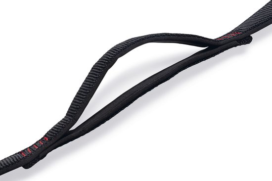 Zwarte nylon riem met een lus voor de handgreep en rode stiksels.