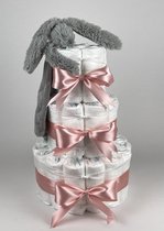 Chouette-Chouette | Luiertaart Meisje | Kraamcadeau | Geboorte Meisje | Babyshower | Tuttle Konijn Richie Grey - donker Poeder Roze