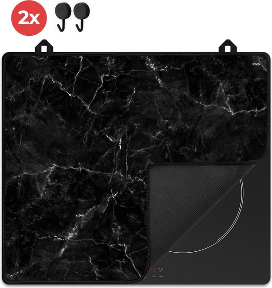 KitchyMist Inductie Beschermer Zwarte Marmeren Stenen met Witte Scheuren - 60x52 cm - Afdekplaat voor Kookplaat - Inductie Mat - Keuken Spatscherm