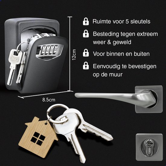 Zwarte sleutelkluis van 12cm hoog en 8.5cm breed. Tekst 'Ruimte voor 5 sleutels', 'Besteding tegen extreem weer & geweld', 'Voor binnen en buiten', 'Eenvoudig te bevestigen op de muur'.