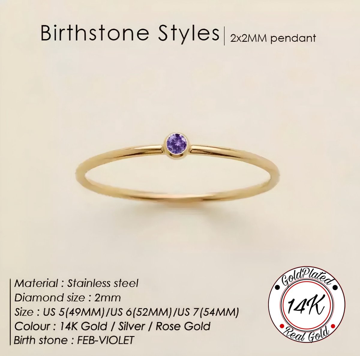 Soraro Birthstone Ring | Februari |17mm | 14K Goldplated | Goud | Cadeau Voor Haar | Cadeau Voor Vriendin | Verjaardag Cadeau | Moederdag Cadeau | Cadeau Ideeën