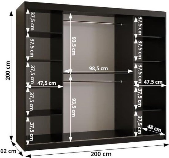 Armoire à portes coulissantes avec miroir Armoire à 2 portes coulissantes Armoire armoire de chambre Tringle à vêtements avec étagères (LxHxP) : 200x200x60 cm - Rumble II (Wit, 200)