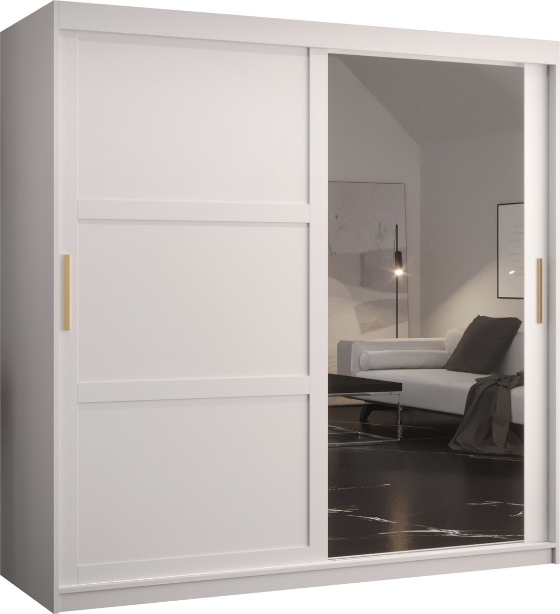 AJE Meubles B.V. Zweefdeurkast met spiegel Kledingkast met 2 schuifdeuren Garderobekast slaapkamerkast Kledingstang met planken (LxHxP): 180x200x60 cm - Rumble II (Wit, 180) met lades