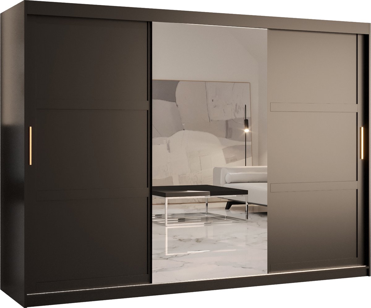 AJE Meubles B.V. Zweefdeurkast met spiegel Kledingkast met 3 schuifdeuren Garderobekast slaapkamerkast Kledingstang met planken (LxHxP): 250x200x60 cm - Rumble II (Zwart, 250)