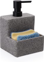 Keukenaccessoire - Vierkante zeepdispenser met steeneffect, keukenorganizer voor vloeibare zeep, afwasmiddel, spons - Hoogwaardige detergentdispenser met lekbakje in grijs, graniet.