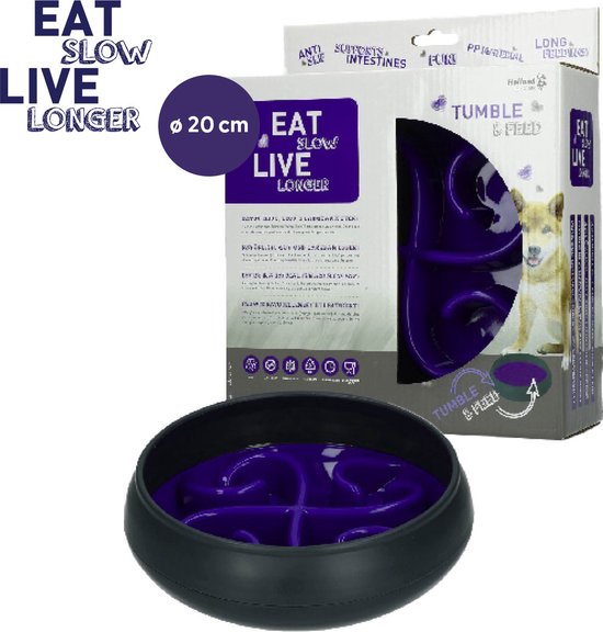 Eat Slow Live Longer Tumble Feeder – Voerbak – Anti-schrok bak voor honden – Slow feeder met beweging – De Trager eten voor je huisdier - Blauw - ø 20 cm