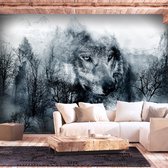 Fotobehangkoning - Behang - Vliesbehang - Fotobehang Wolf - Bos - Mountain Predator (Black and White) - 200 x 140 cm