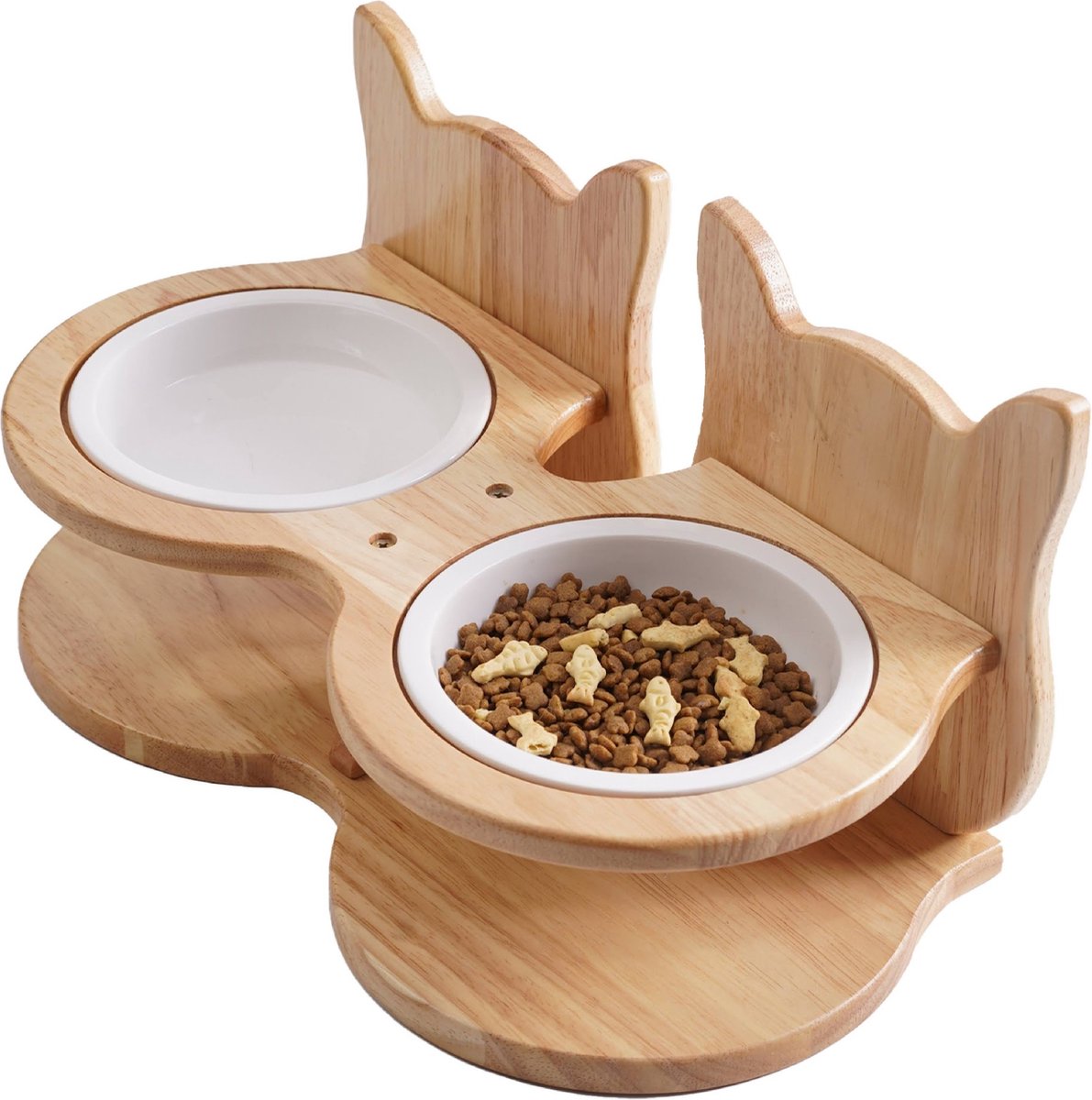Trend24 - Kattenvoerbakjes - Verhoogde voerbak kat - Kattenvoerbakjes ergonomisch - Kattenvoerbak - Dubbele voerbak kat - 36 x 17.7 cm - Hout - Porcelein