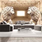 Fotobehangkoning - Behang - Vliesbehang - Fotobehang Leeuwen Standbeelden voor de 3D Tunnel - Mystery of lions - 200 x 140 cm