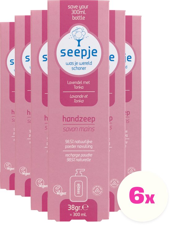 Zes roze Seepje handzeep navulverpakkingen met logo en tekst 'Lavendel met Tonka'.