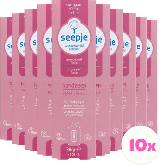 Tien verpakkingen Seepje handzeep navulling, roze met witte tekst, "save your 300ml bottle", 10x voordeelverpakking