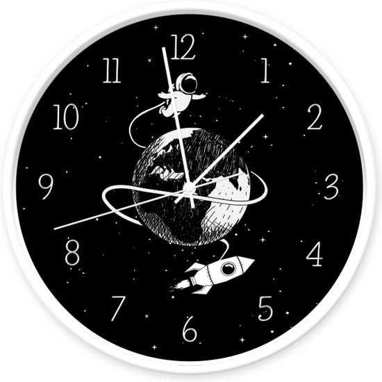 Kinder klok Space - Dutch Sprinkles - 30 cm - zwart witte ruimte klok - astronaut - wandklok + cijfers contrast, wit frame, geluidloos, klok met glasplaat