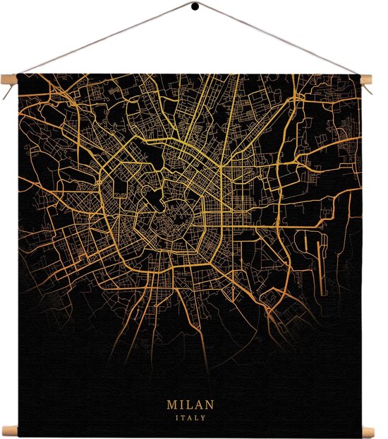 Textielposter Milan Milaan Plattegrond Zwart Geel Vierkant XXL (90 X 90 CM) - Wandkleed - Wanddoek - Wanddecoratie