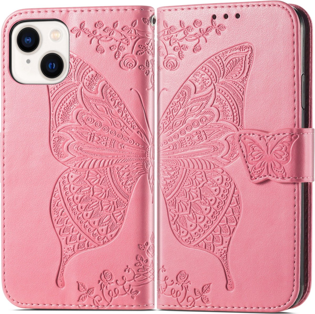 BookCover Hoes Etui geschikt voor iPhone 15 Vlinder - Roze