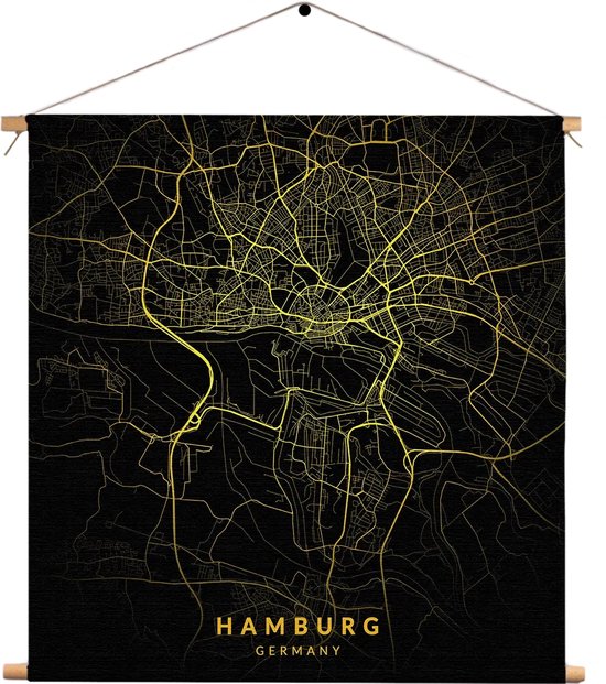 Textielposter Hamburg Plattegrond Zwart Geel Vierkant M (30 X 30 CM) - Wandkleed - Wanddoek - Wanddecoratie