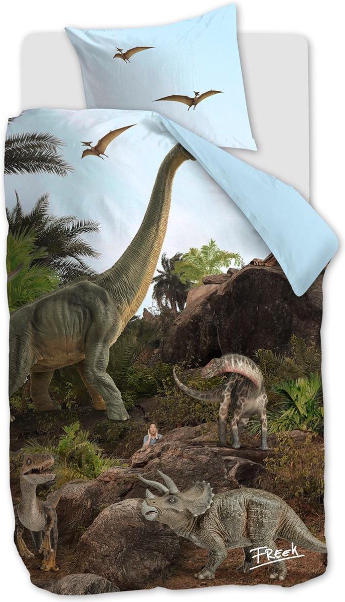 FREEK VONK Dappere Dinos dekbedovertrek - Eenpersoons - 140x200 - Naturel