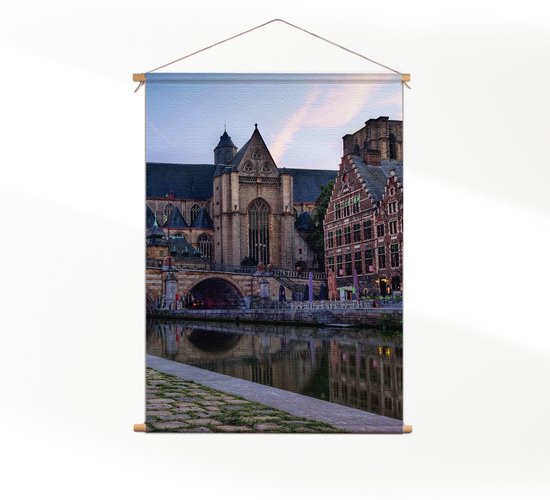 Textielposter Middeleeuwse Kathedraal en Brug Gent XL (125 X 90 CM) - Wandkleed - Wanddoek - Wanddecoratie