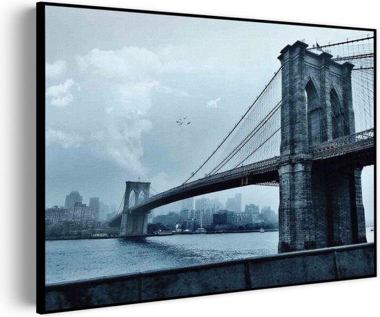 Akoestisch Schilderij Brooklyn Bridge New York Zwart Wit Rechthoek Horizontaal Pro XL (120 x 86 CM) - Akoestisch paneel - Akoestische Panelen - Akoestische wanddecoratie - Akoestisch wandpaneel