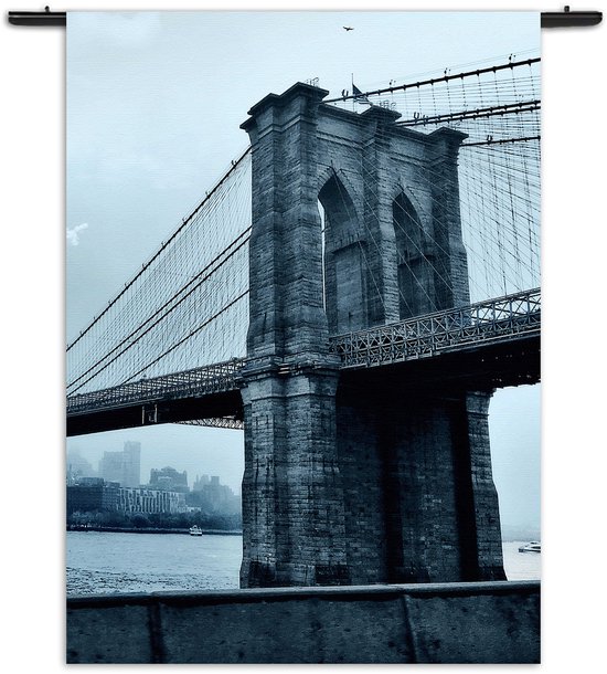 Mezo Wandkleed Brooklyn Bridge New York Zwart Wit Rechthoek Verticaal S (85 X 60 CM) - Wandkleden - Met roedes