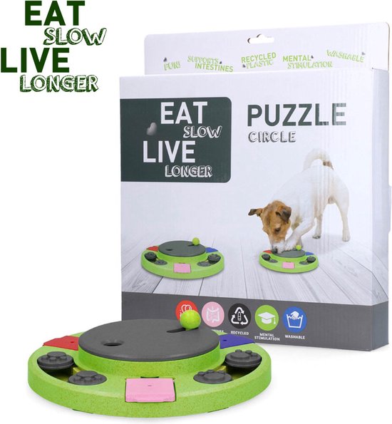 Eat Slow Live Longer Puzzle Circle - Jouets d' Intelligence pour chiens - speelgoed pour chiens - Puzzle difficile pour chien - Matériaux recyclés - 27x27x5 cm - Vert