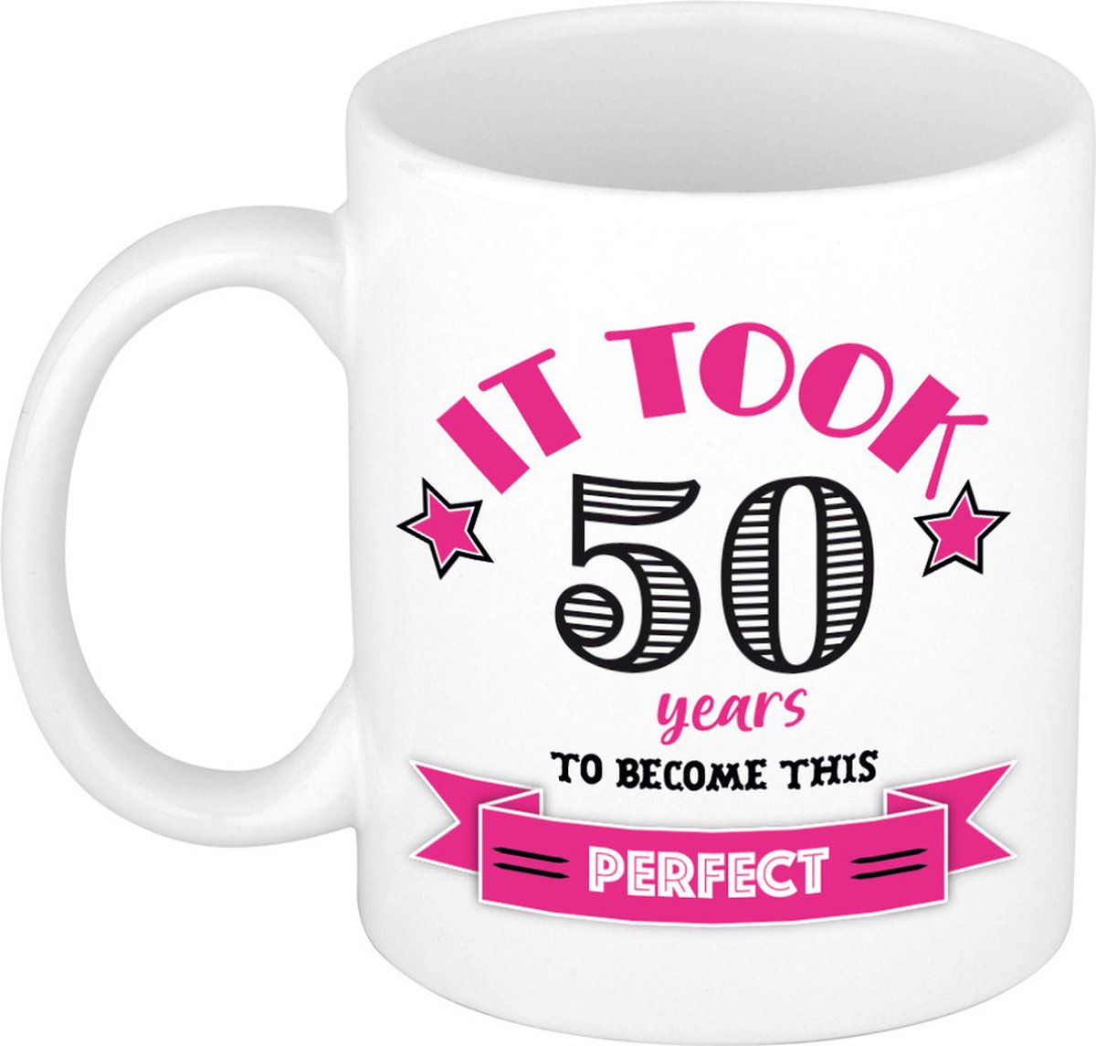Bellatio Decorations Verjaardag cadeau mok 50 jaar - roze - grappig - 300 ml - Sarah/Abraham