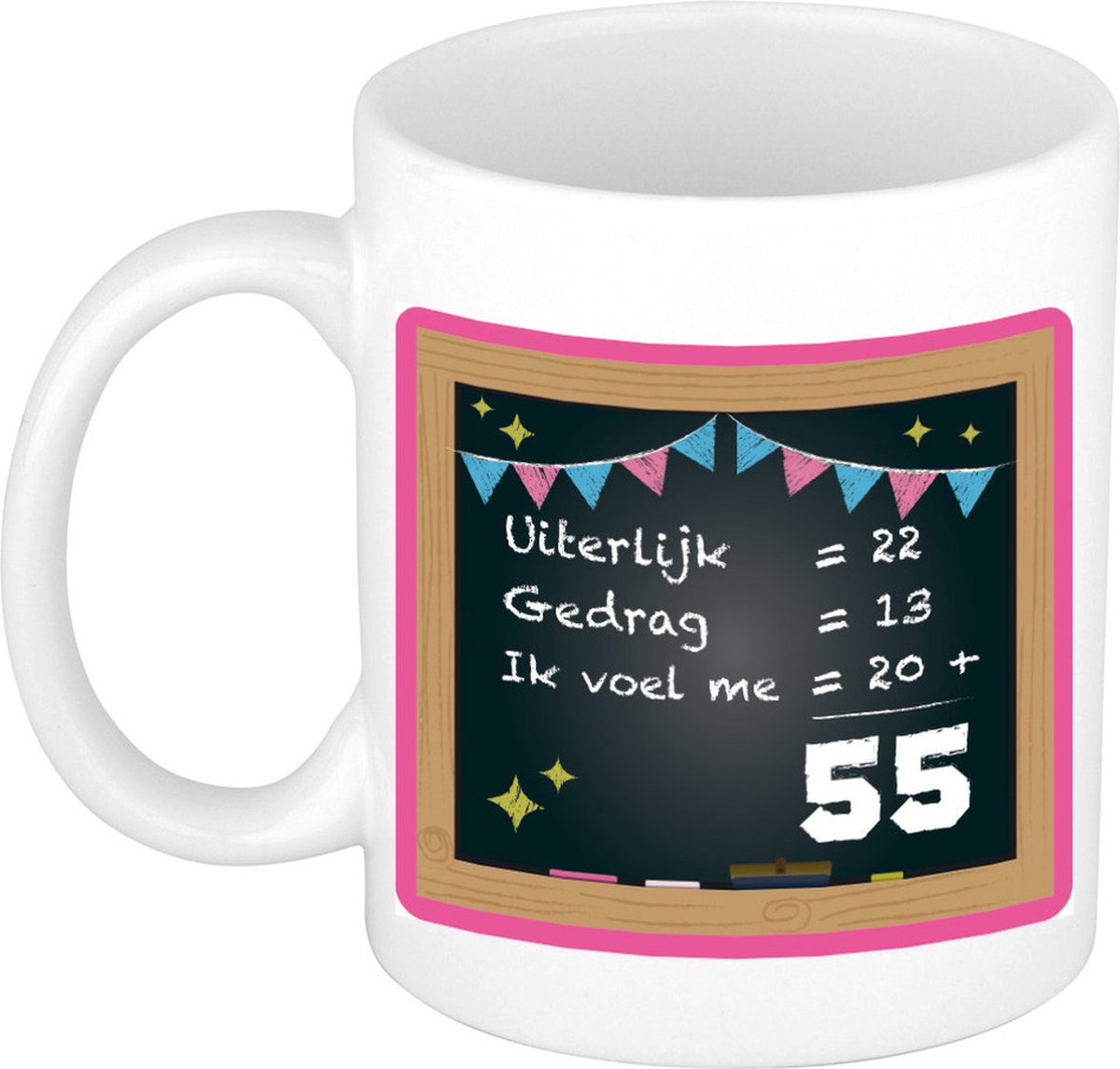 Bellatio Decorations Verjaardag cadeau mok 55 jaar - roze - rekenen - 300 ml - keramiek