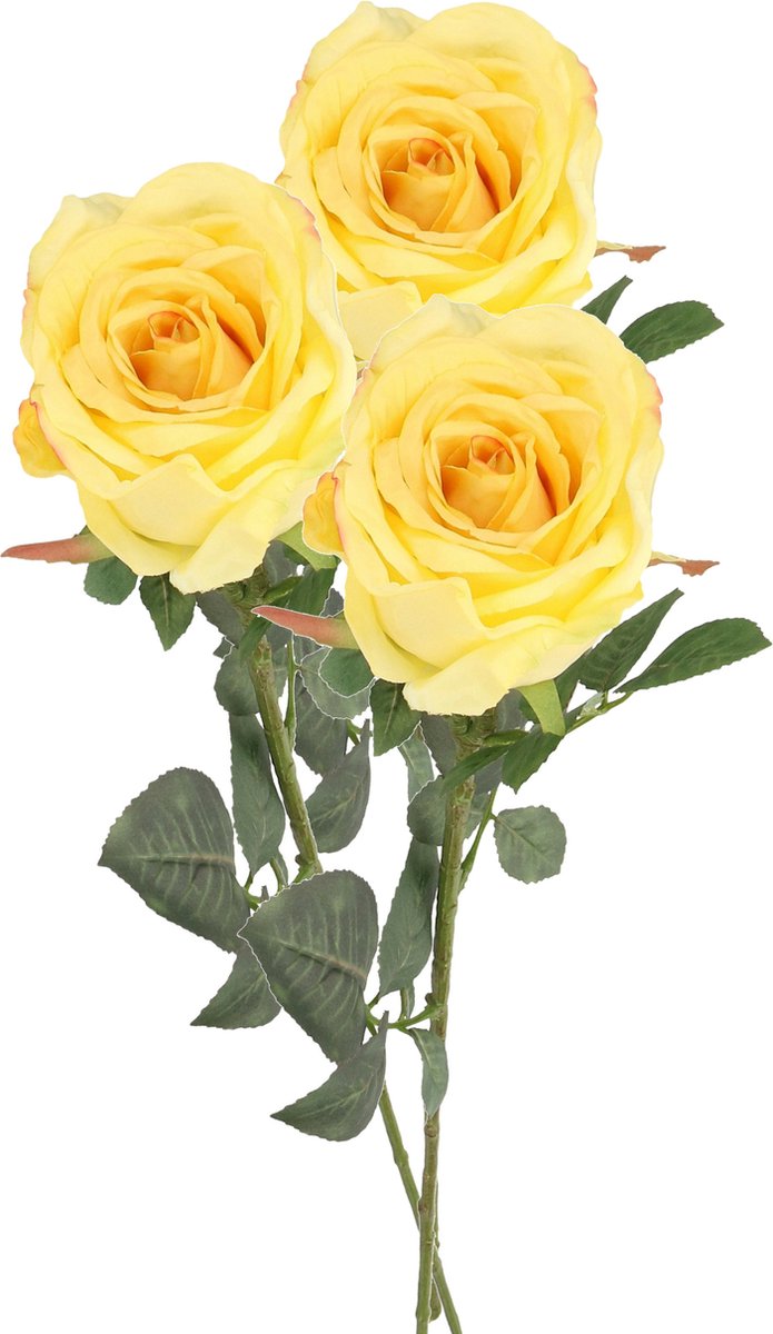 Top Art Kunstbloem roos Nova - 3x - lichtgeel - 75 cm - kunststof steel - decoratie bloemen