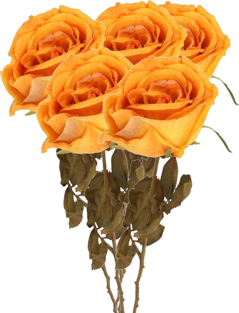 Top Art Kunstbloem roos Calista - 5x - perzik oranje - 66 cm - kunststof steel - decoratie bloemen