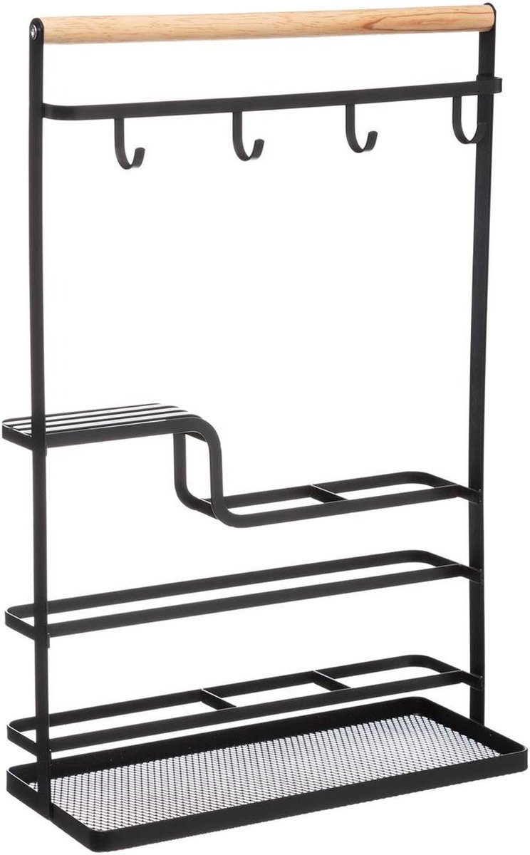 5Five keuken organizer Blackwood - 4 haakjes - 29 x 12 x 44 cm - zwart - mesh metaal - keukenrek