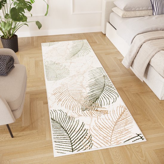 Tapiso Tapis de couloir en Crystal avec feuilles beiges à poils courts - Taille : 80 x 150