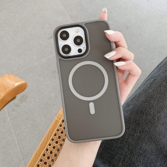 IYUPP Hoesje Geschikt voor iPhone 15 Pro Max Hoesje - Geschikt voor MagSafe - Shockproof Back Cover - Grijs Zwart Transparant