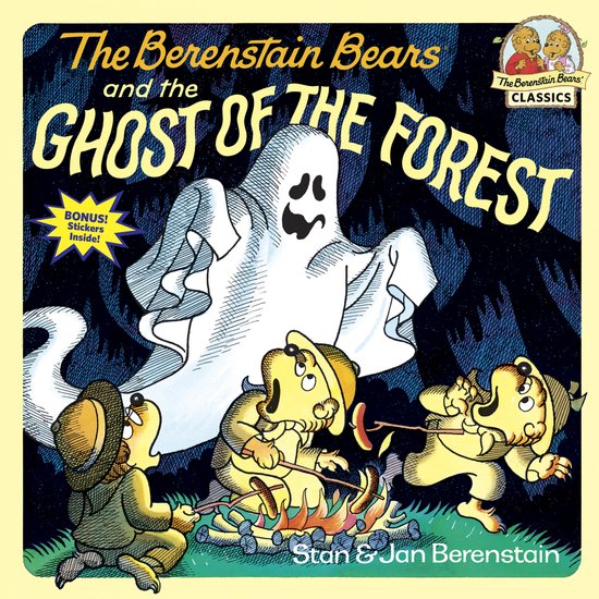 Boekomslag van The Berenstain Bears and the Ghost of the Forest. Drie beren bij een kampvuur, met een spook op de achtergrond.