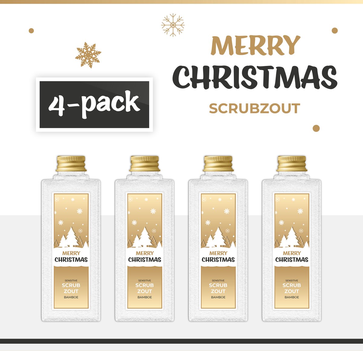 Goedkoopste Scrubzout Merry Christmas - 4-Pack - 150 gr - 600 gram | Scrubzout Bamboe - Cadeautje Kerst - Kerstpakket - Kerstgeschenk - Klein Kerstcadeautje - Kerstpakketten - Christmas Gift - Fijne Kerstdagen - Speciaal Cadeautje - Feestdagen - Goud
