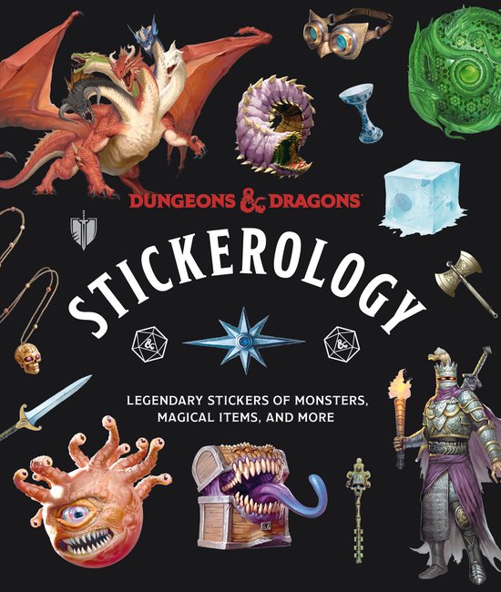Dungeons & Dragons Stickerology met een rode draak, bevoogd, schatkist, dolk, en meer.
