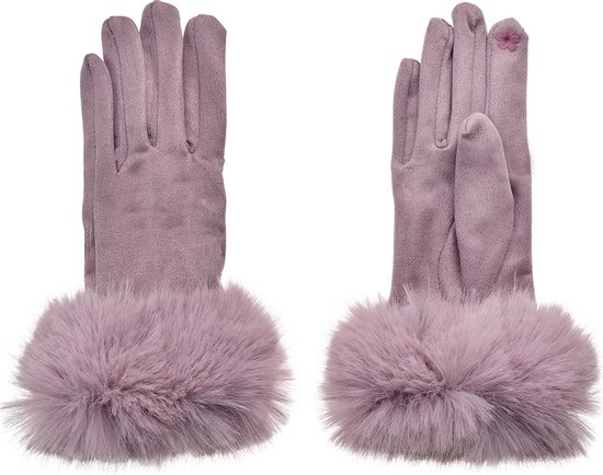 Clayre & Eef Handschoenen met imitatiebont 9x24 cm Paars Polyester