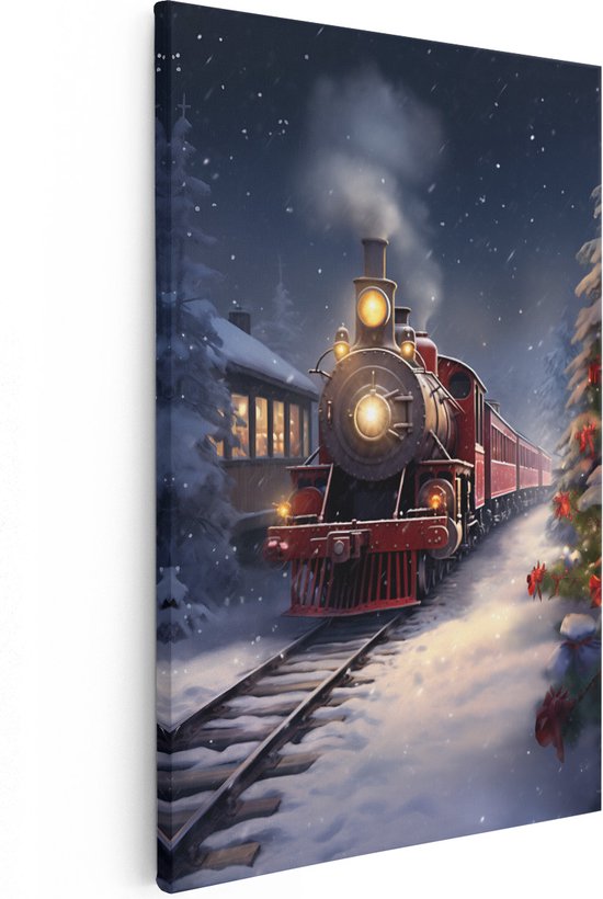 Artaza Canvas Schilderij Rode Locomotief Trein in het Winter Bos - Kerst - 60x90 cm - Wanddecoratie Woonkamer - Schilderijen - Muurdecoratie