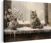 Artaza Canvas Schilderij Kat bij het Raam in de Winter - Kerst - 30x20 - Klein - Foto Op Canvas - Canvas Print