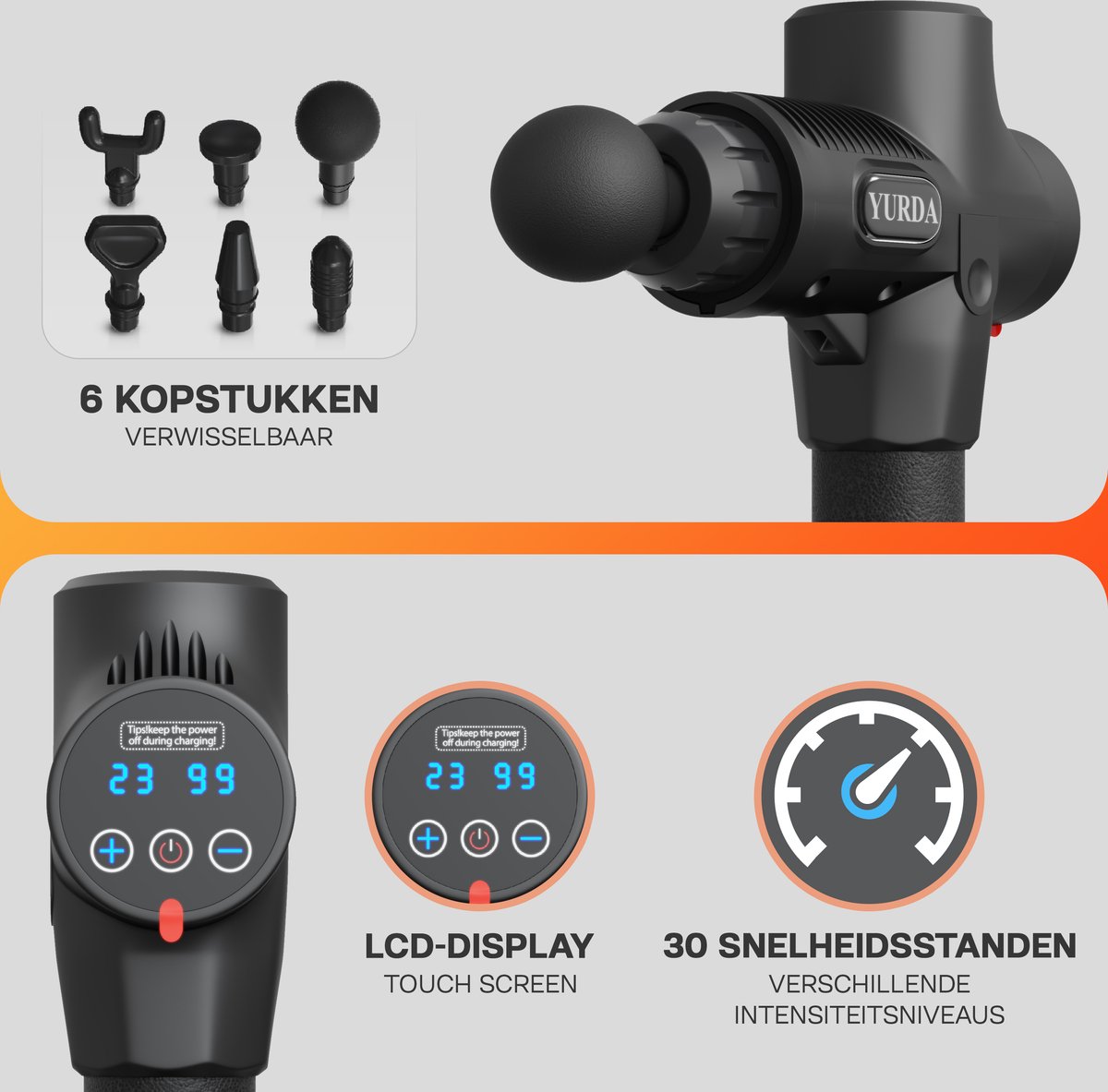 Afbeelding 2 van YURDA Massage gun 30 standen - Sport en relax massage - 30 standen - 6 Opzetstukken - Professioneel massage gun - Zwart