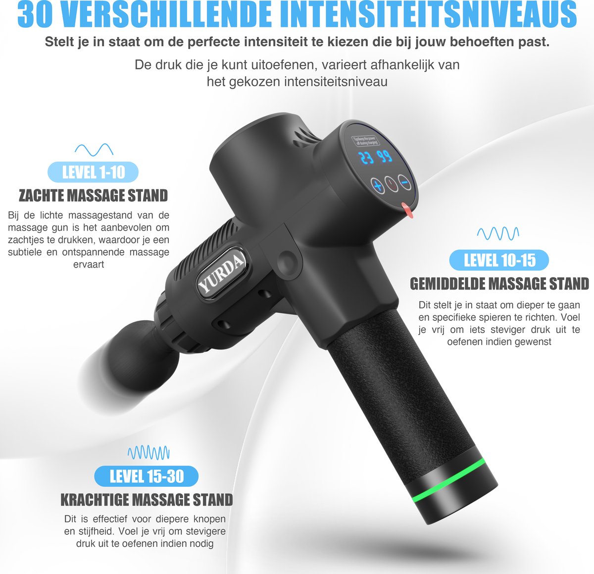 Afbeelding 3 van YURDA Massage gun 30 standen - Sport en relax massage - 30 standen - 6 Opzetstukken - Professioneel massage gun - Zwart